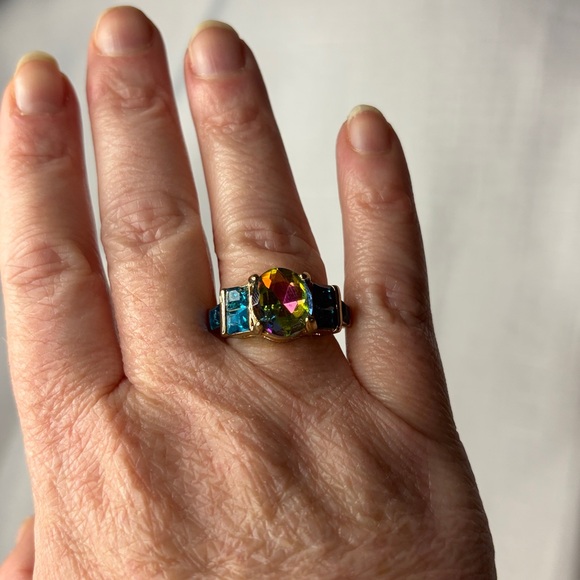 Gold Plated Rainbow/Blue Crystal Ring Sz 8 - Picture 2 of 4
